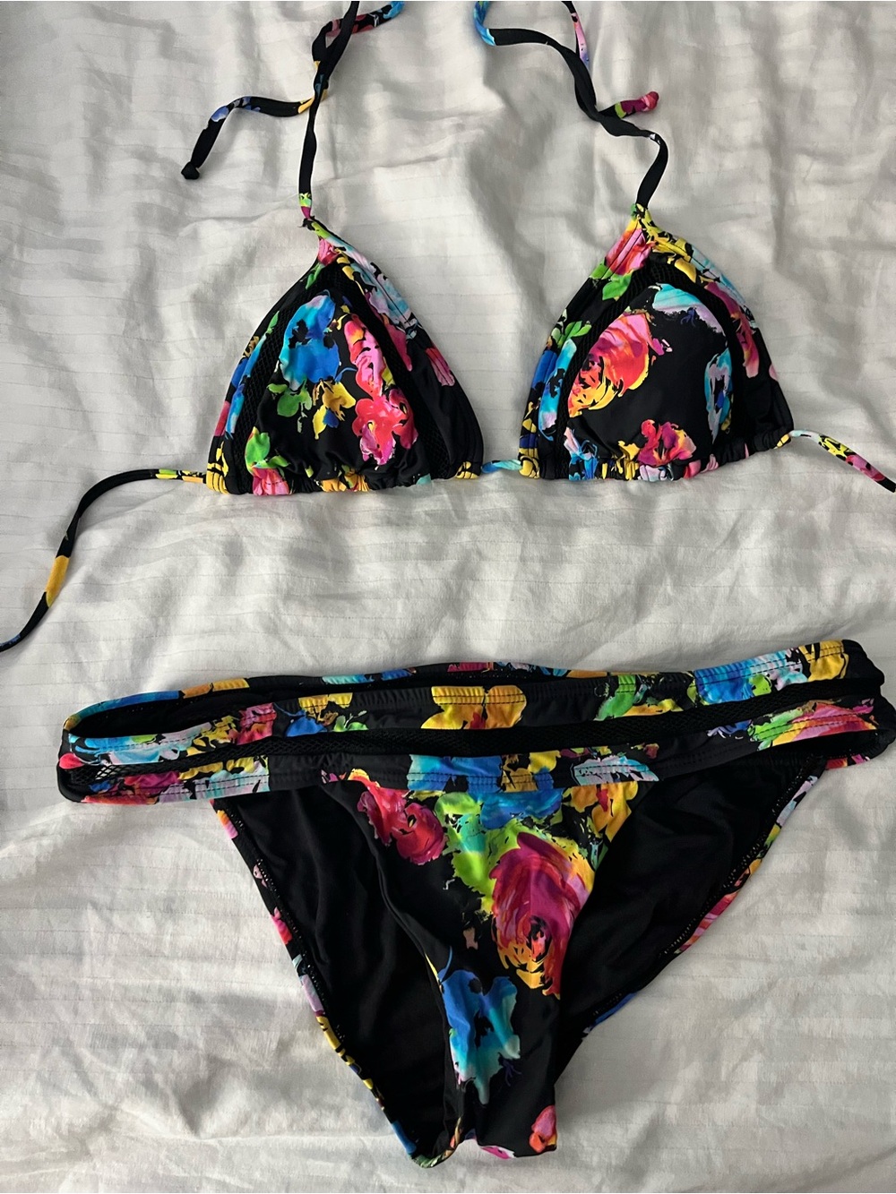 Pilyq Black Bikini Bottom with Multicolor Floral Trim